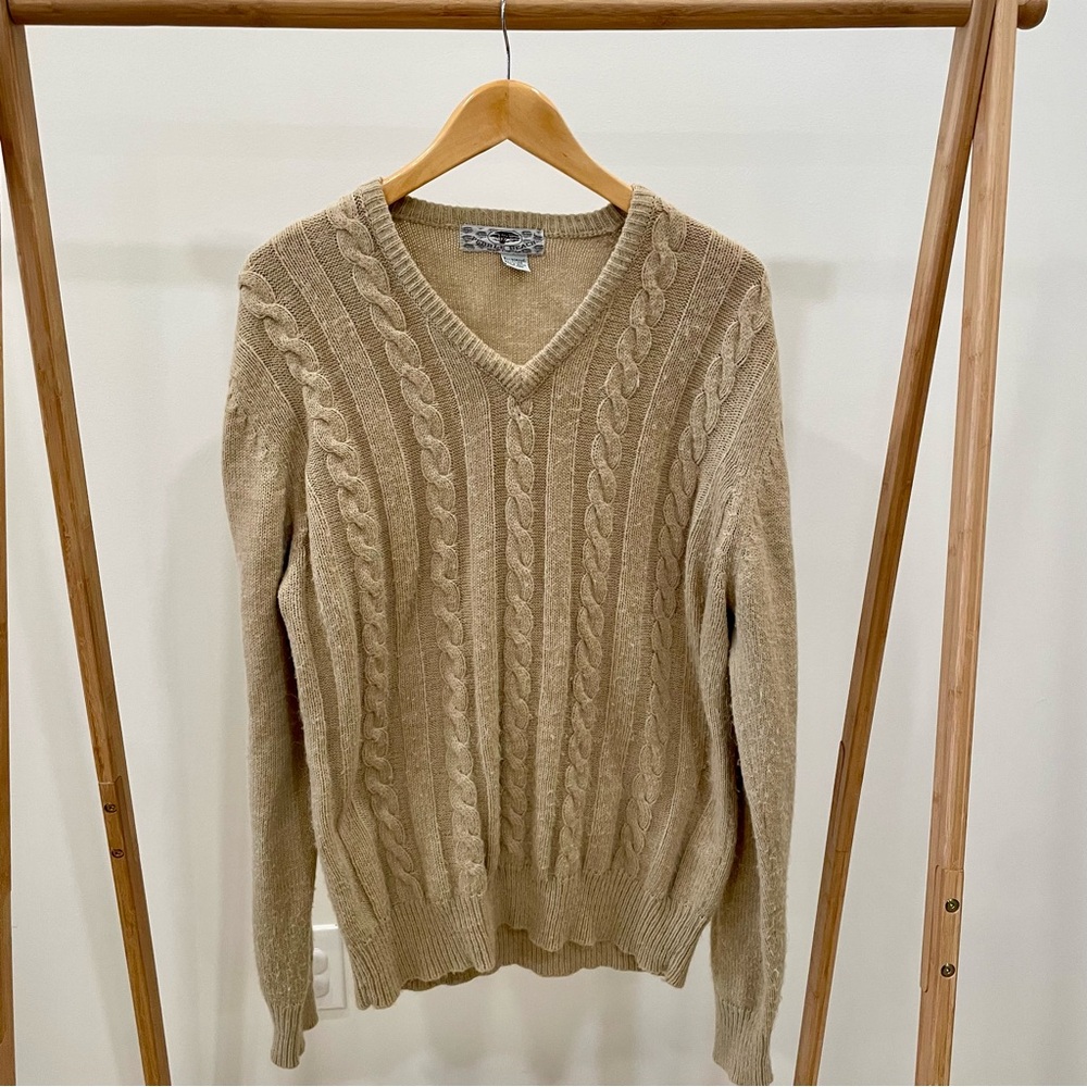 Vintage Cable Knit V-neck Fisherman Sweater in Camel Tan - Picture 2 of 4